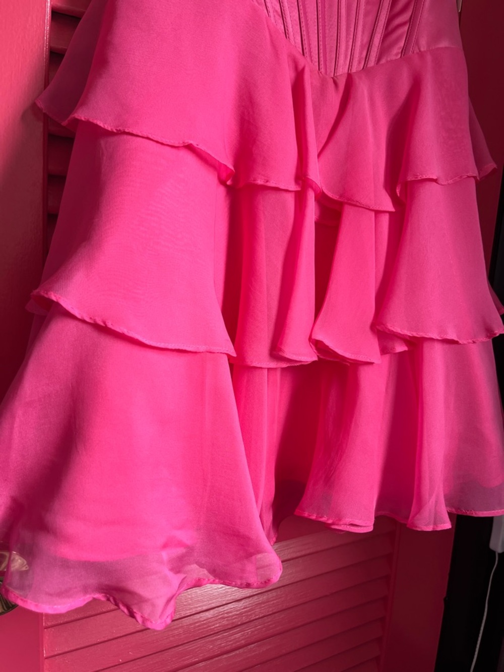 Beaded Bust Hot Pink Tiered Ruffle Prom Dress - Picture 14 of 16